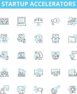 Startup Accelerators Vector Line Icons Set. Incubator, Investing, Mentoring, Fundraising, Accelerator, Innovation, Networking Illustration Outline Concept Symbols And Signs