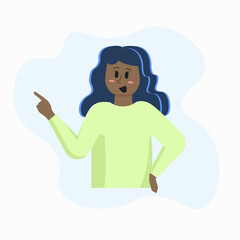 Woman with dark skin and pointing finger showing something. Explaining, advice, text, presentation. 