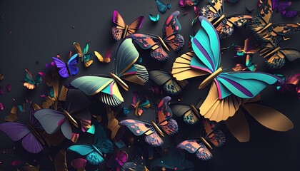 lots of  metallic butterflies, close-up, generative AI