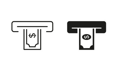 Withdraw Money in ATM Line and Silhouette Icon Set. Removing and Insert Cash to ATM Bank Service Pictogram. Payment Transaction Symbol Collection on White Background. Isolated Vector Illustration