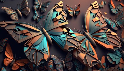 lots of  metallic butterflies, close-up, generative AI