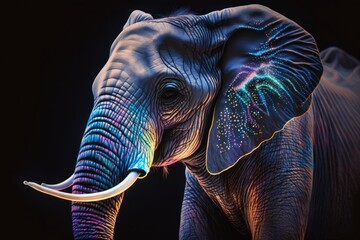 Fototapeta na wymiar Close up shot of an elephant with neon lights, generative ai