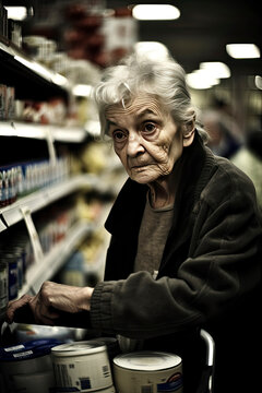 Senior citizen shopping for groceries looking distraught created with Generative AI technology