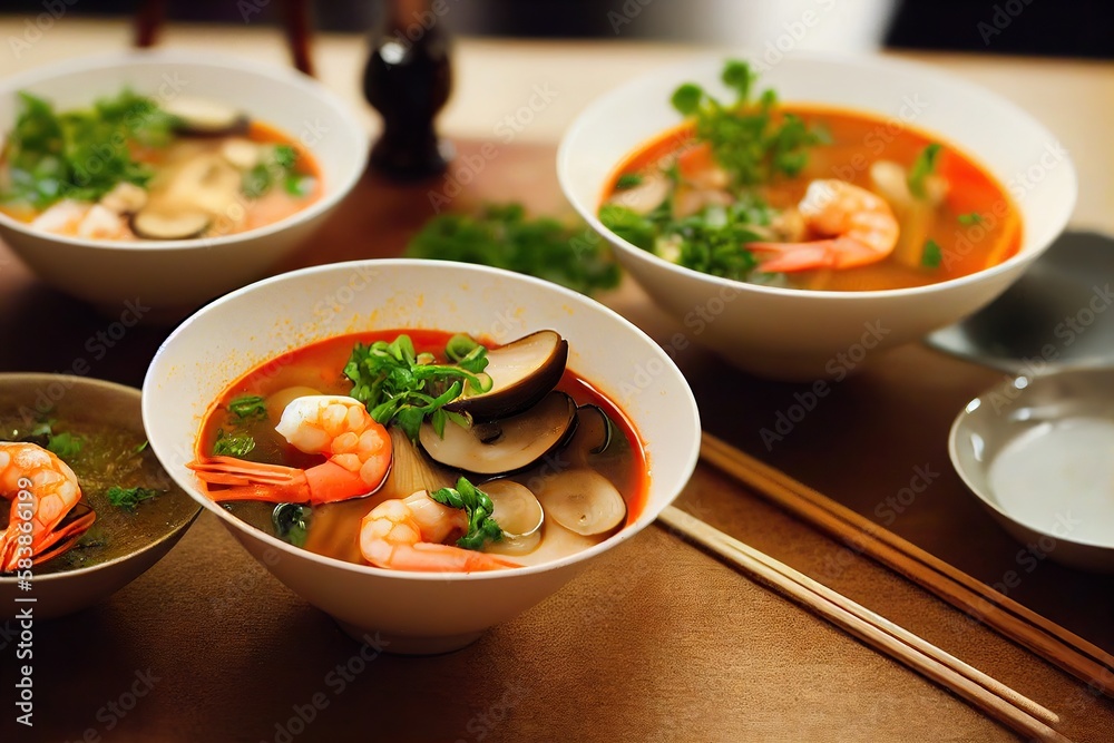 Sticker traditional asian tom yam soup with shrimps and mushroom pieces, created with generative ai