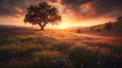 Naklejka na ściany i meble Midjourney generated image of a Colorful Panoramic Spring Landscape at Sunset