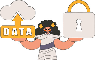 Young woman with laptop and a lock protecting cloud storage.