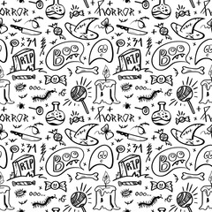 Vector hand drawn seamless pattern background. Set Halloween pictures in doodle style. Line art illustrations