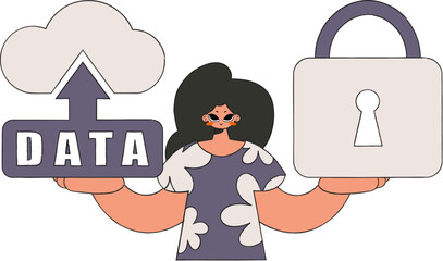 Girl with padlock and cloud storage.