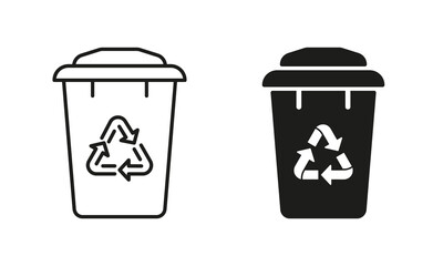 Reuse Container, Ecology Basket for Garbage Line and Silhouette Icon Set. Recycling Dustbin. Bin with Eco Recycle Arrows Triangle Symbol Collection on White Background. Isolated Vector Illustration