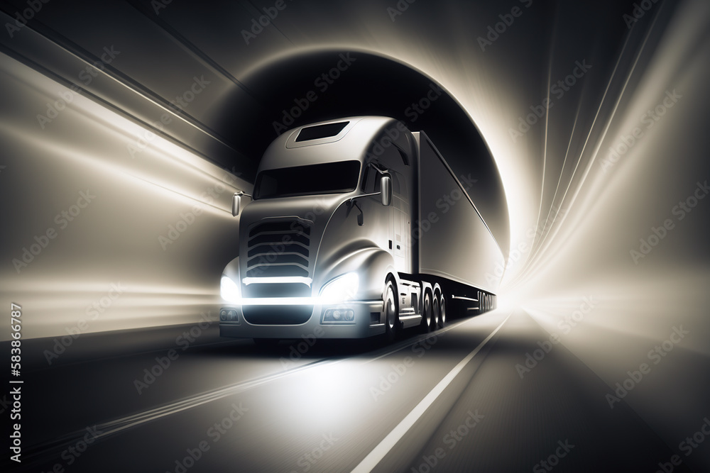 Canvas Prints Futuristic Modern high speed truck with trailer in motion. Generative AI illustration