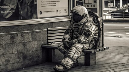 Astronaut cosmonaut sitting at bus stop Generative AI