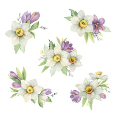 A set of watercolor vector bouquets with flowers and leaves. - obrazy, fototapety, plakaty