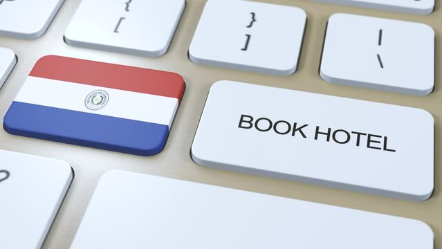 Book hotel in Paraguay with website online. Button on computer keyboard. Travel concept 3D animation. Book hotel text and Paraguayan national flag