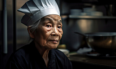 Professional cook in a restaurant kitchen setting wearing an apron created with Generative AI technology
