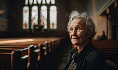 Old woman in a church sitting on a pew looking reflective and smiling created with Generative AI technology