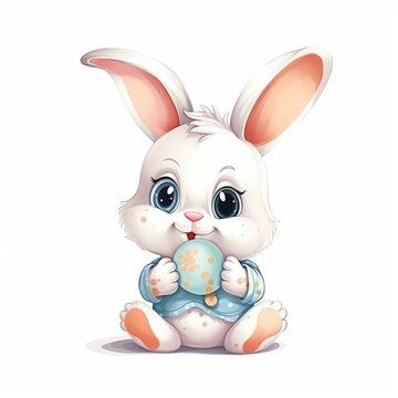 Cute Cartoon Easter Bunny holding an Egg, Generative AI