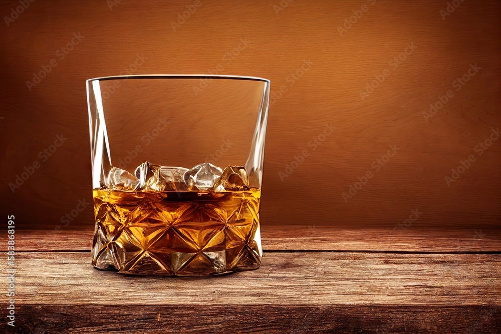 Sticker Beautiful whiskey glass with grooved pattern and drink on illuminated background, created with generative ai