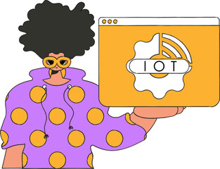 .He holds the logo for the Internet of Things in his hands.