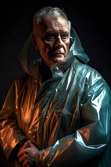 Senior citizen in the rain wearing a raincoat created with Generative AI technology