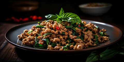 A plate of Pad Kra Pao, stir-fried minced pork with basil and chili generated by AI - obrazy, fototapety, plakaty