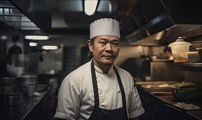 Professional cook in a restaurant kitchen setting wearing an apron created with Generative AI technology