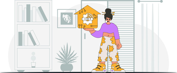 Girl holds IoT logo while sitting on the floor, in modern vector style.