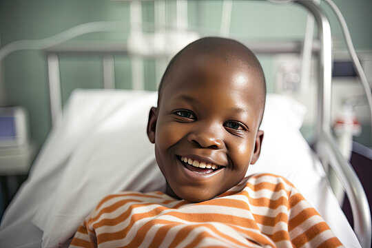 Happy smiling boy in hospital bed where he is receiving treatment care created with Generative AI technology
