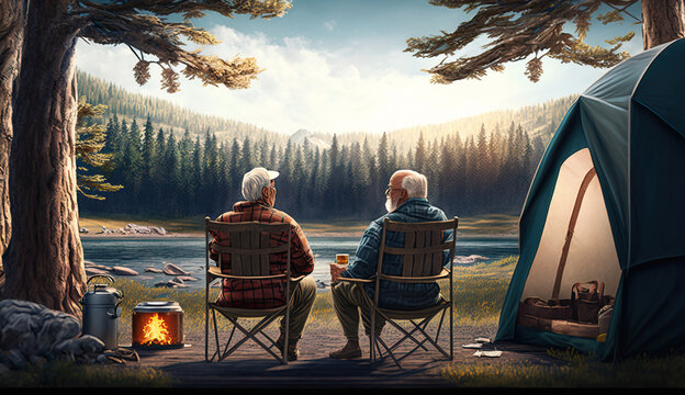 Senior couple enjoying a peaceful camping trip in a breathtaking natural landscape