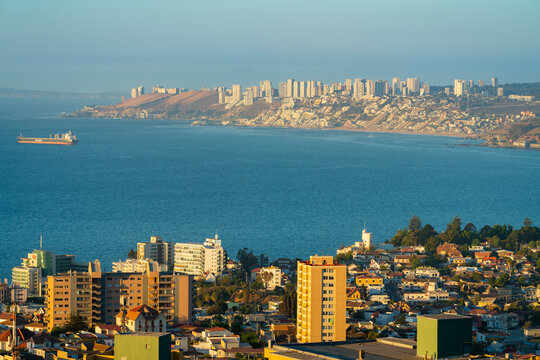 Elevated view of Vina del Mar coastal city seen from Mirador Pablo Neruda, Vina del Mar, Chile