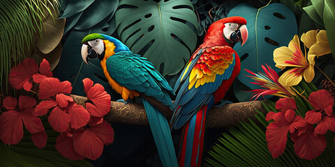 Macaw parrot bird in tropical jungle