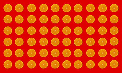 Collage with orange oranges on a red background