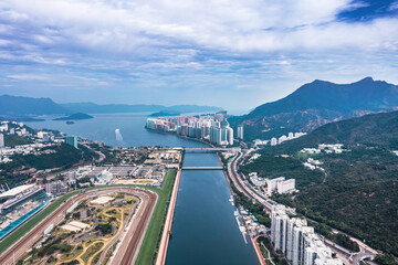beautiful aerial view of the Horse racing courses, Shing Mun River and Ma On Shin area