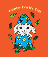 Happy Easter day and bunny in blue egg shell