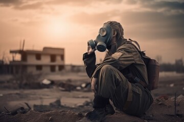 Man with gas mask in polluted industrial landscape Generative AI