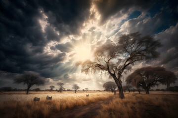 Fototapeta na wymiar Sunrise over the savannah and grass fields in South Africa with cloudy sky. Neural network AI generated art