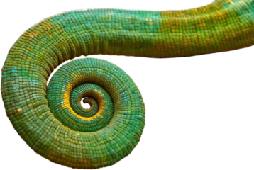 Graphic element, isolated on a transparent background, detail of the curled tail of Parson's chameleon, Calumma parsonii, in green and blue. Wild animal, Madagascar