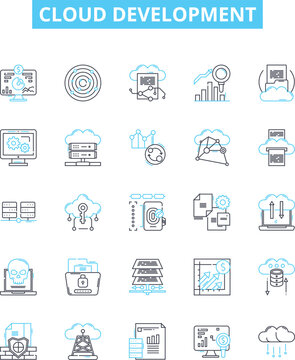 Cloud development vector line icons set. Cloud, Development, Platform, Architecture, Deployment, Management, Infrastructure illustration outline concept symbols and signs