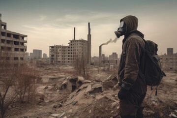Man with gas mask in polluted industrial landscape Generative AI