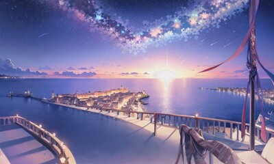 anime, sunrise over the sea, sunset over the ocean, night, stars, clouds, galaxy, beach, landscape. generative ai, generative, ai	