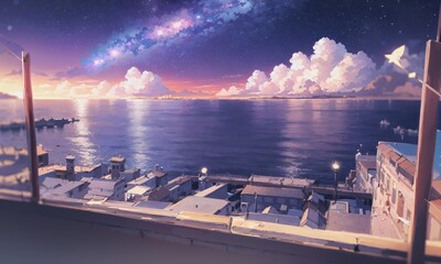 Fototapeta na wymiar anime, sunrise over the sea, sunset over the ocean, night, stars, clouds, galaxy, beach, landscape. generative ai, generative, ai 