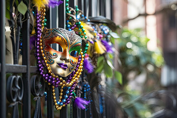 Fototapeta na wymiar New Orleans Mardi Gras mask with bead necklaces hanging on wrought iron fence in the day created with Generative AI technology