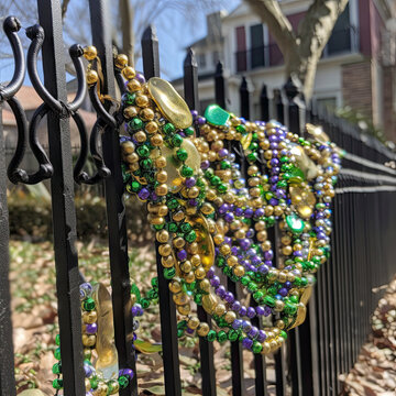 New Orleans Mardi Gras bead necklaces hanging on wrought iron fence in the day created with Generative AI technology