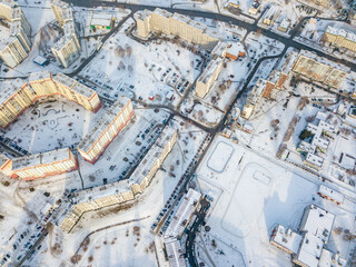 Fototapeta na wymiar Novokuznetsk city district in winter from a bird's-eye view