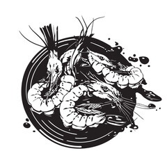Shrimp platter vector, shrimp vector. shrimp on a plate black outline vector. seafood vector