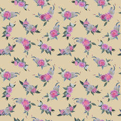 Seamless watercolor pattern with branches of pink peonies and leaves, hand-drawn