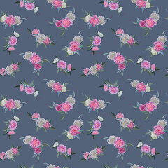 seamless watercolor pattern with branches of pink peonies and leaves, hand-drawn