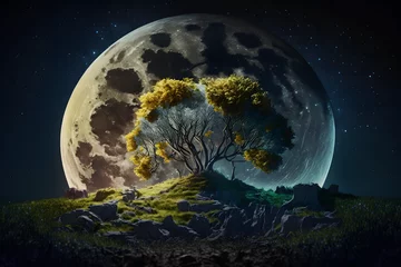 Fotobehang Volle maan en bomen Moonlight landscape. Generative AI