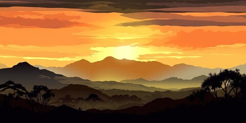Fototapeta na wymiar Chimba s Majestic Skyline A Breathtaking Sunrise Sunset over Rolling Hills and Low lying Clouds, Generative AI