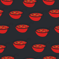 Seamless pattern with Asian soup. Illustration of tom yam with shrimps in red and black colors