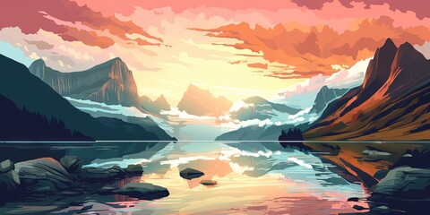 Gorgeous view of a glacier lake and Rocky Mountains at sunrise in Glacier National Park, Montana, Generative AI